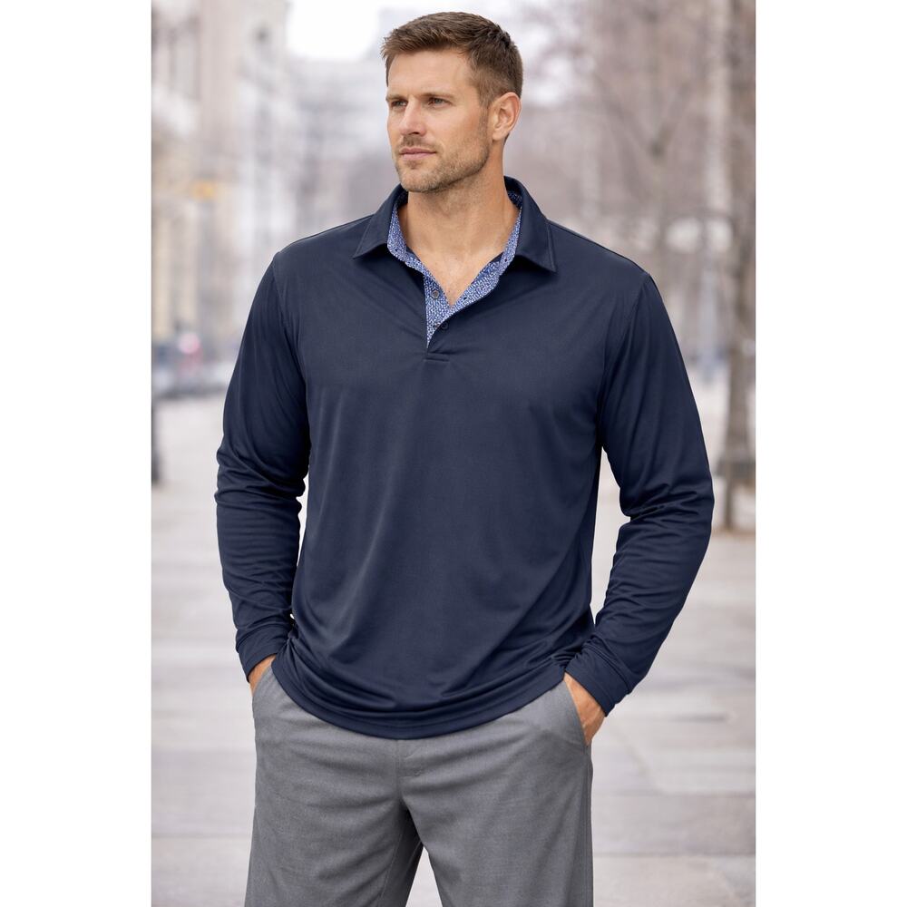 Maelreg Performance Polo Mens Large Navy Blue Long Sleeve Stretch Shirt Casual